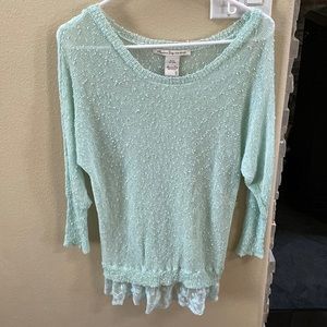 American Rag, mint green sweater with lace trim. Size small and runs large.